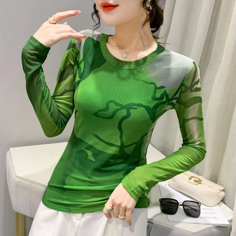 DIDORSSBO夏季女款网纱扎染印花上衣高档洋气修身长袖圆领T恤T911