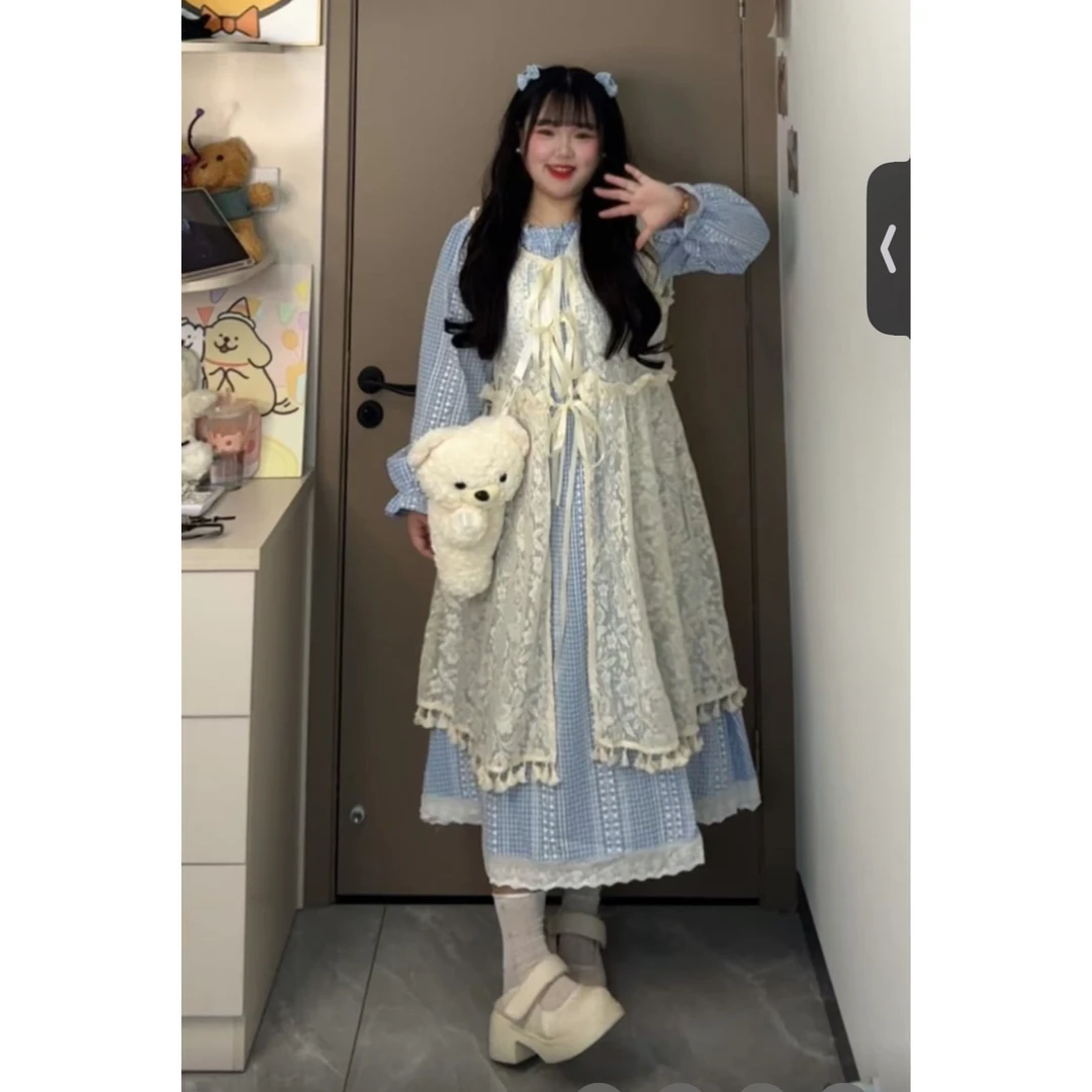 7036 春新款原创小众超好看格子长袖连衣裙套装