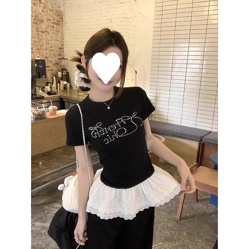 【随心裁】韩系蝴蝶结设计烫钻花边黑色短袖T恤女夏修身显瘦