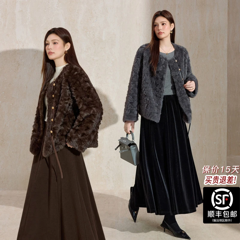 蓝语大码女装高端气质仿花狐短款外套冬季新款保暖显瘦毛茸茸上衣