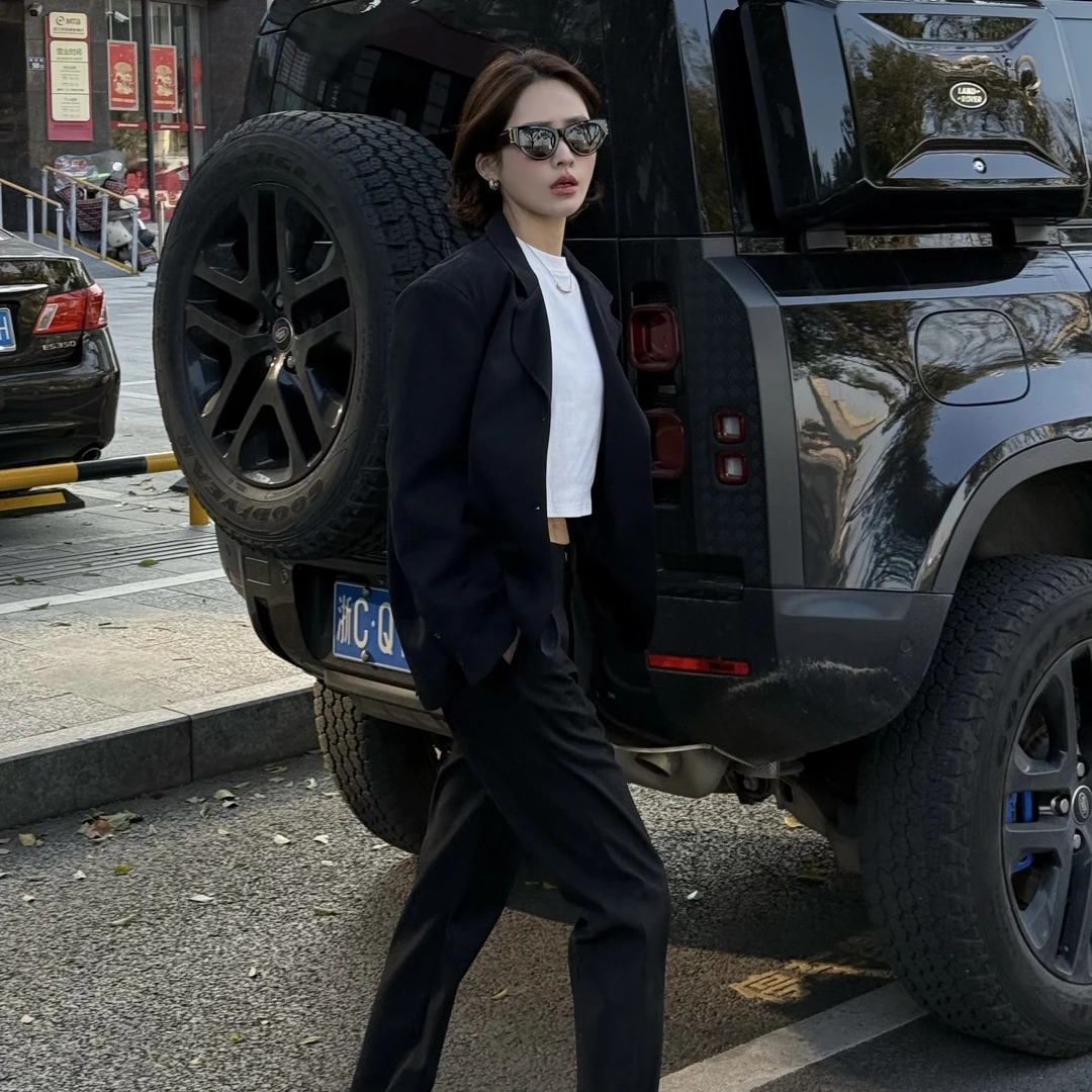 oversize高级感深蓝色西装外套女2025春秋新款韩版宽松休闲西服