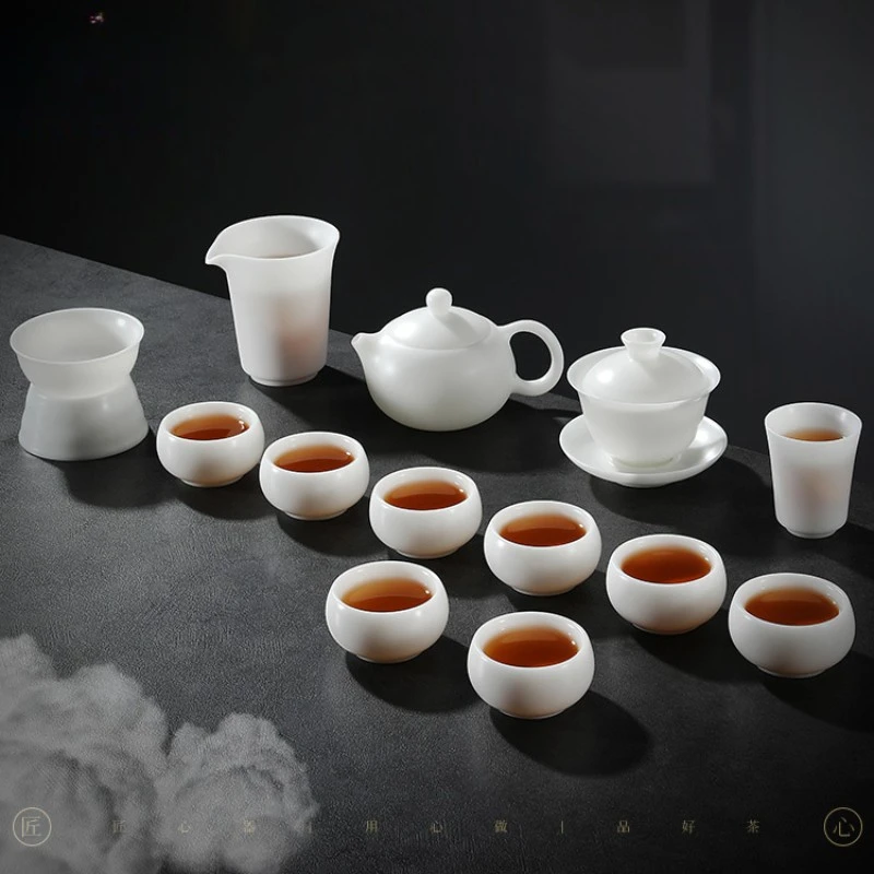 冰种玉瓷功夫茶具套装茶杯高端办公家用盖碗茶壶可定制礼盒装送礼
