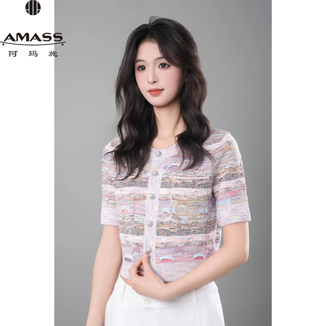 AMASS/阿玛施25年新款时尚圆领拼色设计休闲薄款短袖针织衫548020
