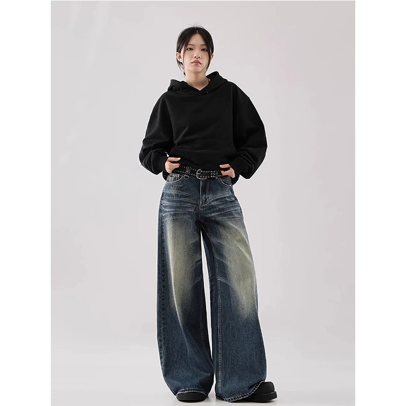 美式阔腿牛仔裤女秋季2025新款复古高腰宽松显瘦直筒垂感拖地裤子