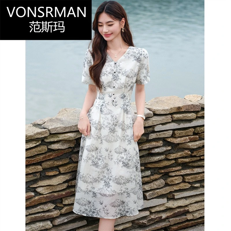 V领高腰水墨印花设计中长裙2025年夏季款A字裙中国风连衣裙显瘦