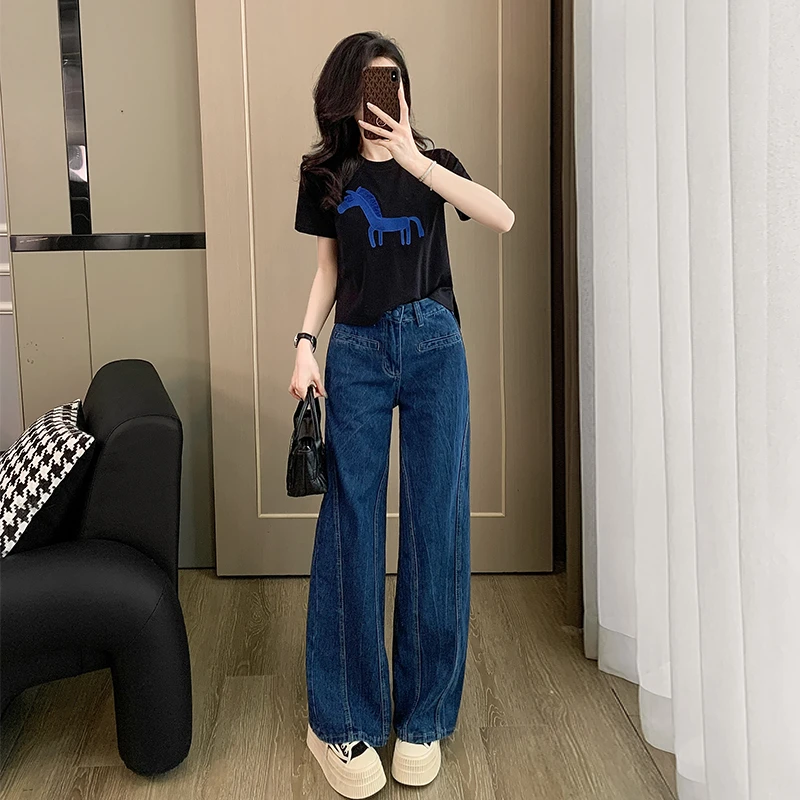 韩版设计感时尚休闲套装女夏新款百搭显瘦小马圆领短袖T恤牛仔裤