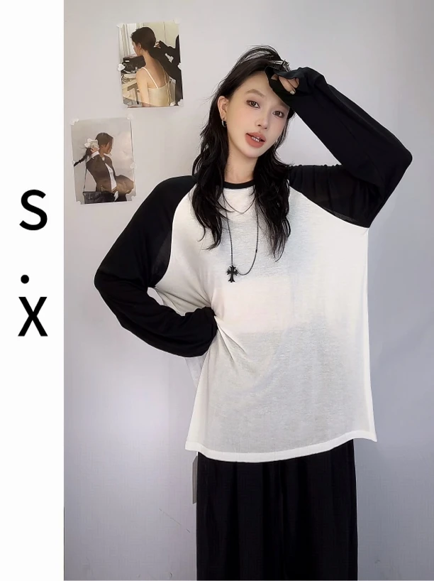 S.X 2025夏新款极简超经典薄款撞色插肩袖长袖T恤