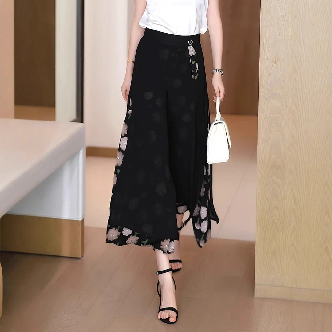 裙裤女夏薄款高腰2025年新款碎花九分裤子显瘦梨型身材休闲阔腿裤