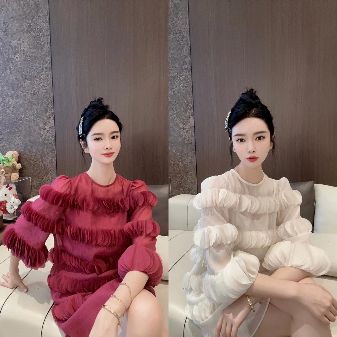 DL乐乐家【入夏梧桐】高级感网纱花瓣拼接设计显瘦减龄百搭连衣裙