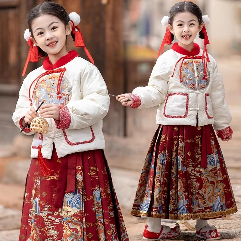 女童织金马面裙加绒加厚套装中国风外套汉服儿童古装拜年服保暖