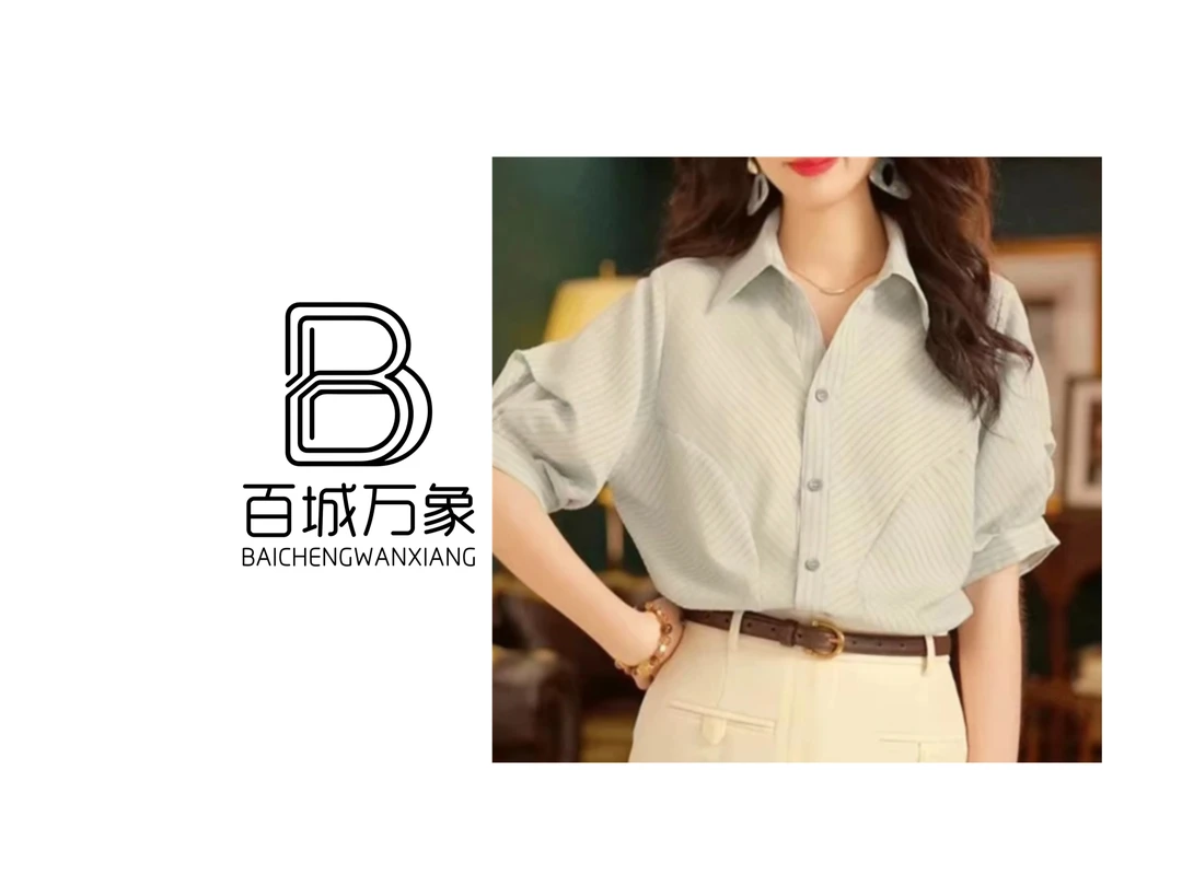 9162港风穿搭蓝色条纹短袖衬衫女夏款2025新女夏季衬衣宽松显瘦