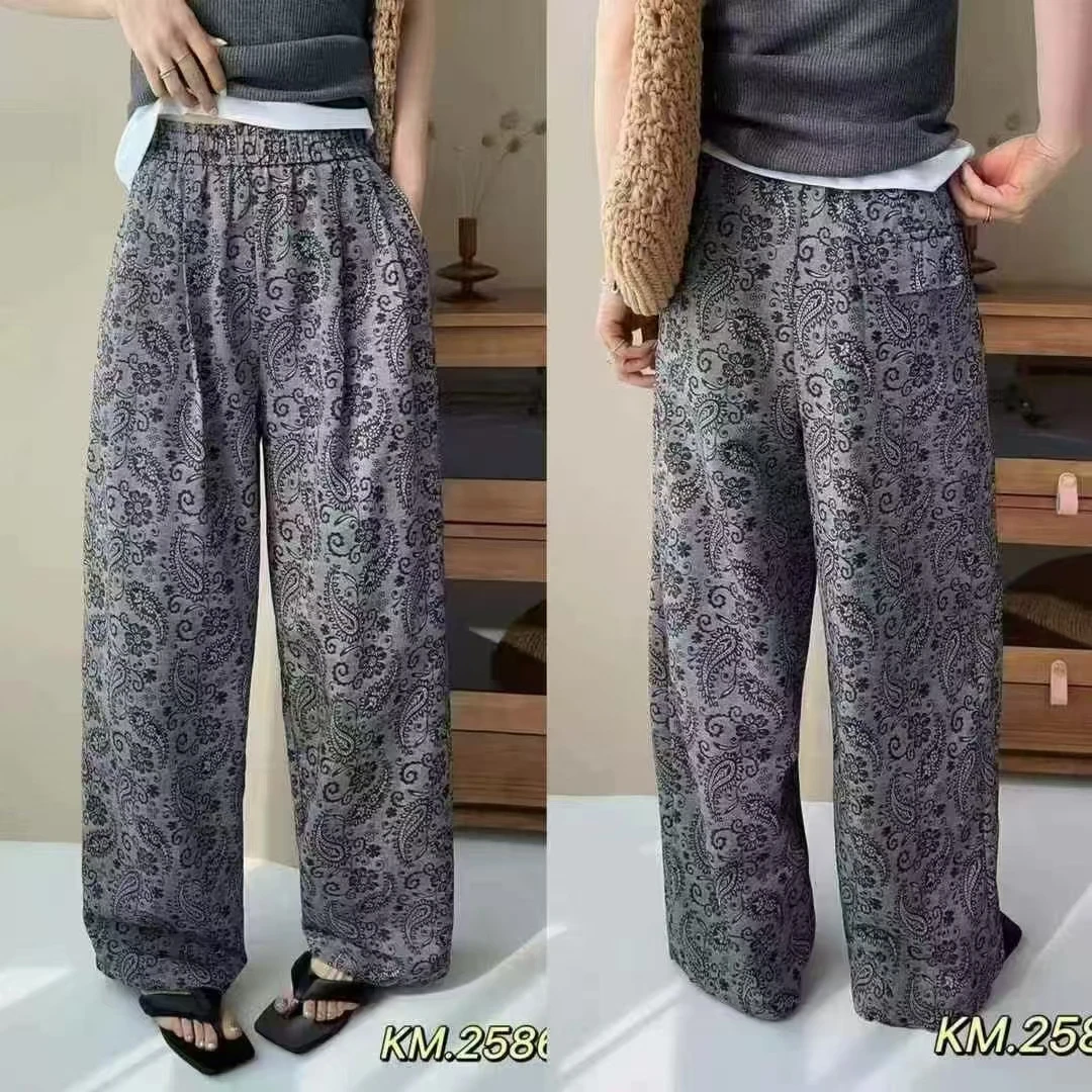 宽松显瘦提花阔腿裤松紧腰休闲百搭春夏款8378