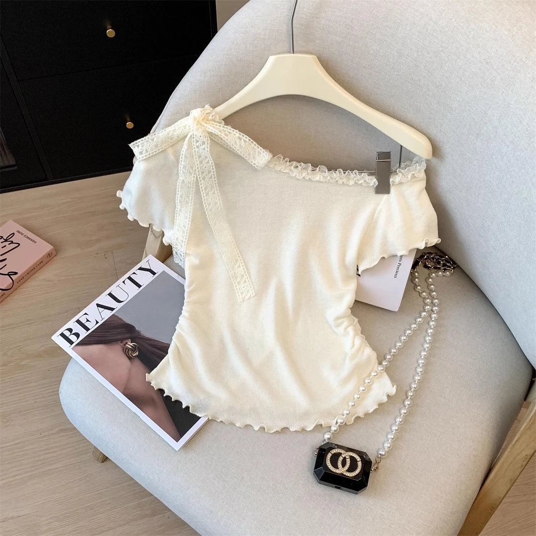 纯欲蕾丝花边斜肩短袖T恤女夏款蝴蝶结绑带针织衫韩系掐腰小上衣