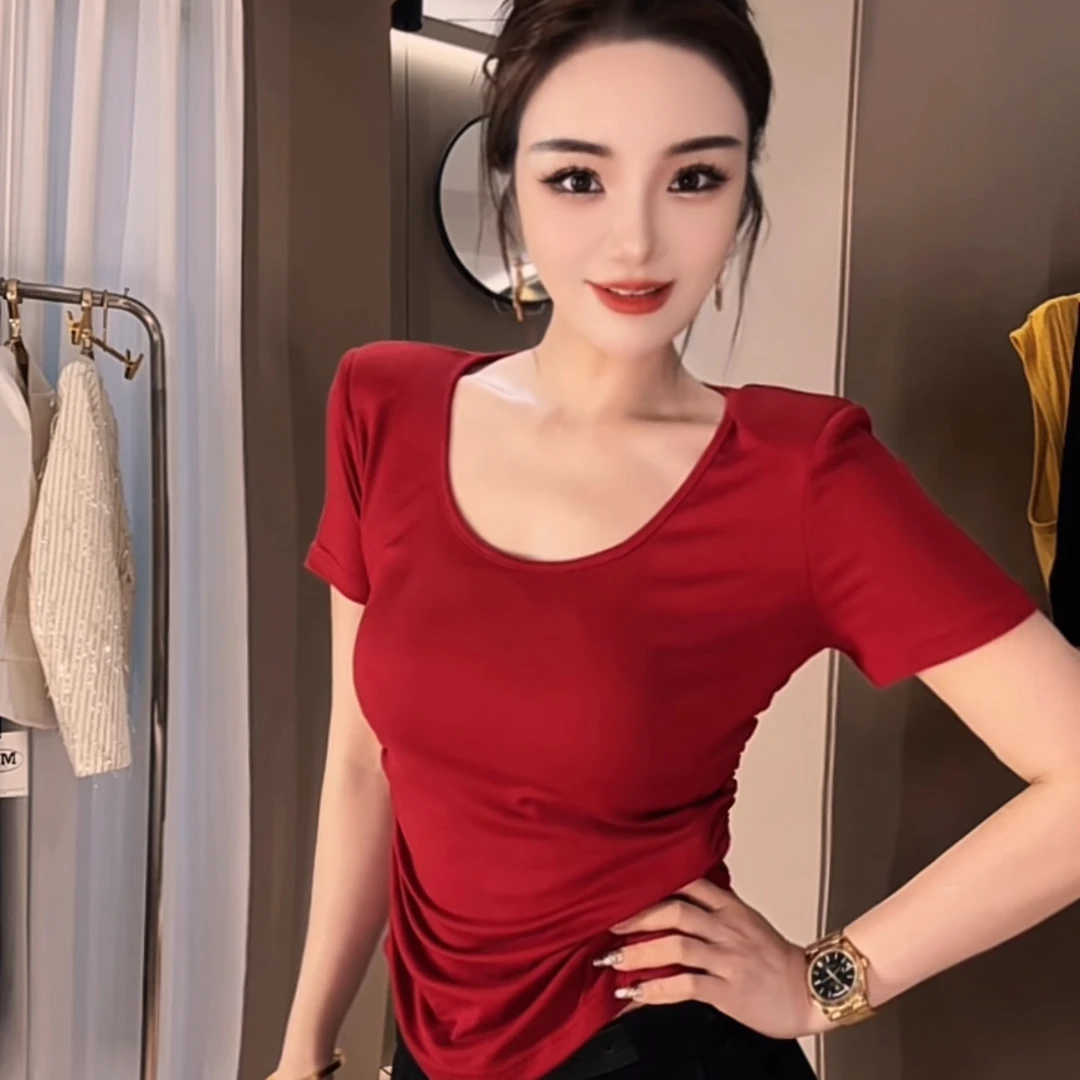 莎火火-原创新款夏季弹力棉修身显瘦百搭大u领短袖体恤衫3031