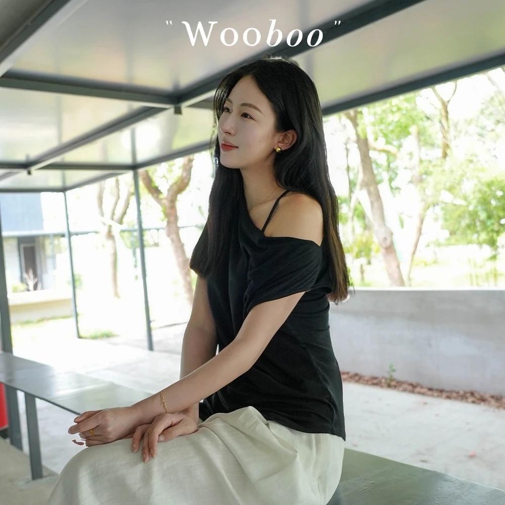 Wooboo春夏新款设计感黑色荡领修身气质显瘦