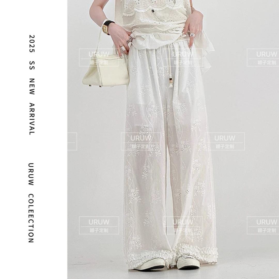颖子定制【挪威小镇】休闲通勤蕾丝花边阔腿裤时尚高腰直筒裤 9235