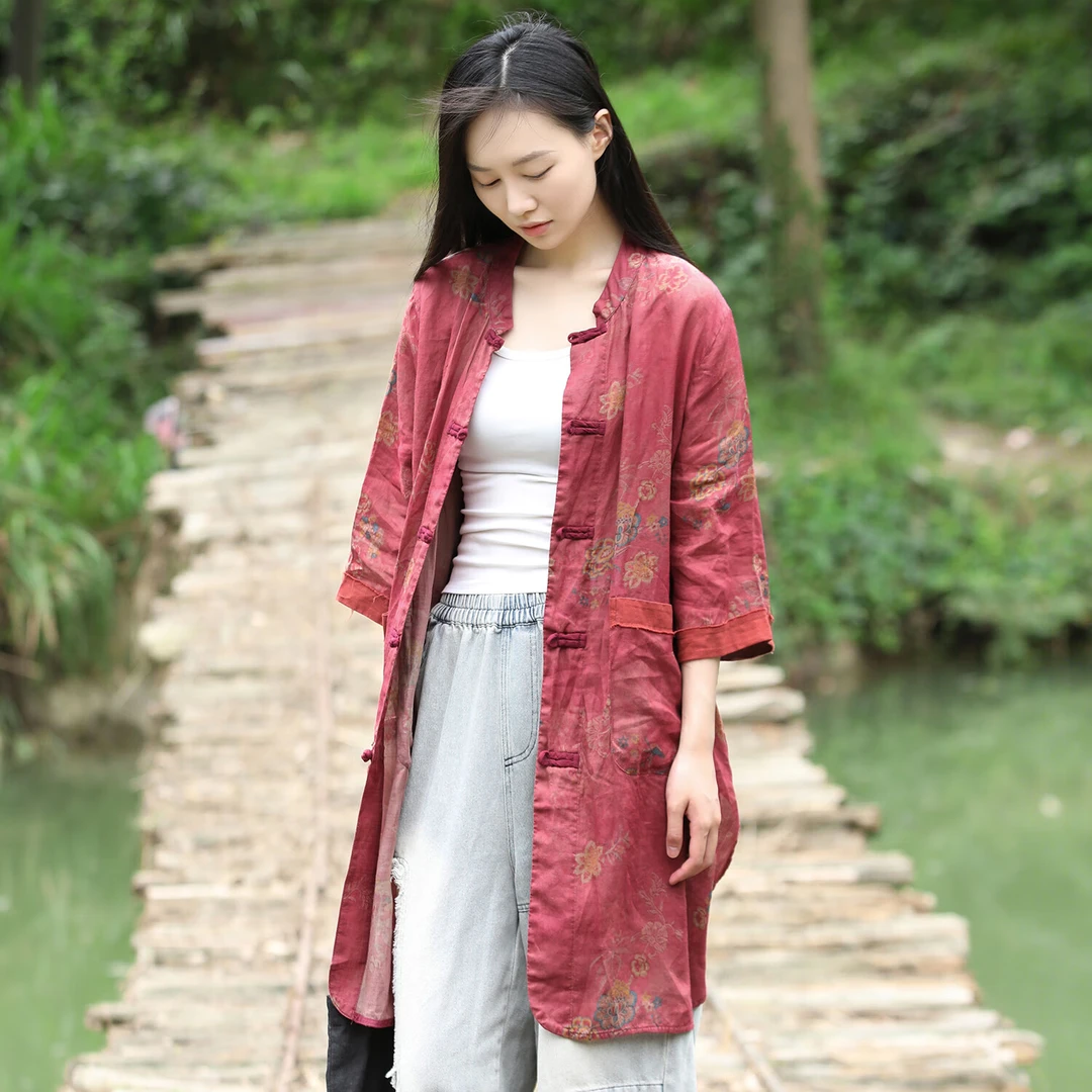 乱在江南民族风印花苎麻外套春夏新品轻薄透气做旧新中式盘扣衬衫