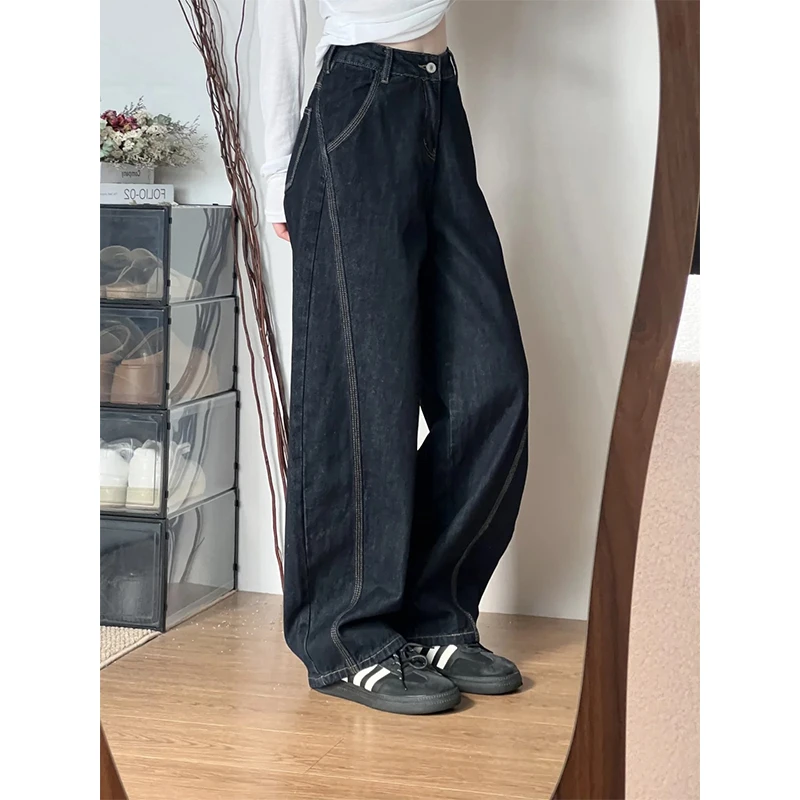 弯刀阔腿牛仔裤女深蓝2025春季新款高腰显瘦设计感复古宽松直筒裤