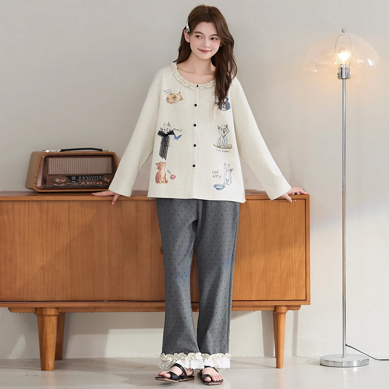 7A抗菌拉架爽棉女开衫长袖长裤新款秋冬家居服套装亲肤睡衣