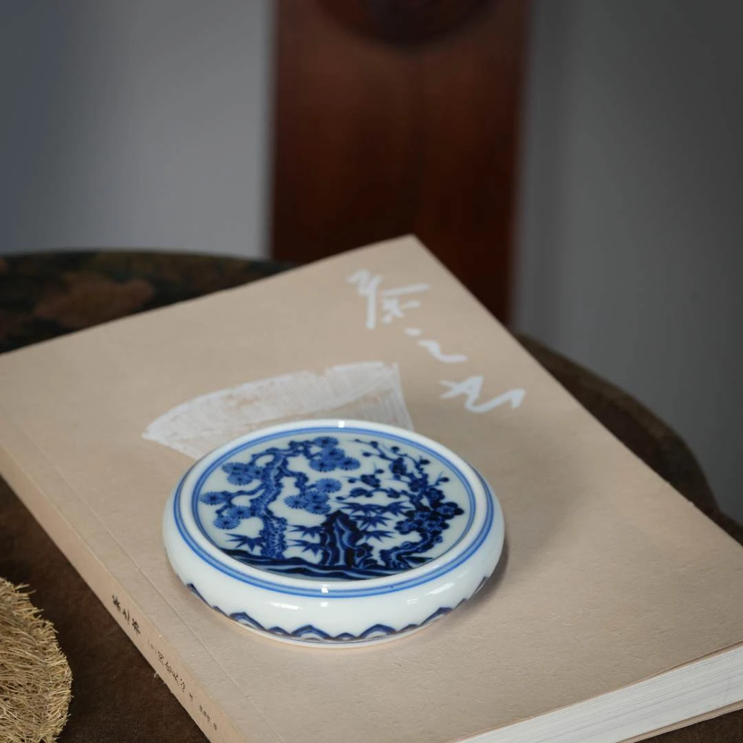 刘建锋窑青花松竹梅盖置纯手工手绘制作景德镇文人茶器高端茶具