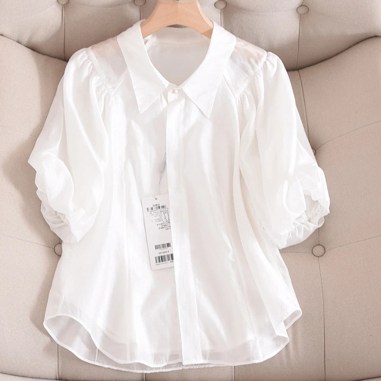 夏季新款法式气质白色短袖灯笼袖设计感纯色衬衫衬衣上衣女