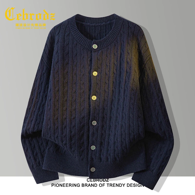 法国Cebrodz绞花纹针织开衫毛衣男秋季慵懒风复古中老年外套宽松