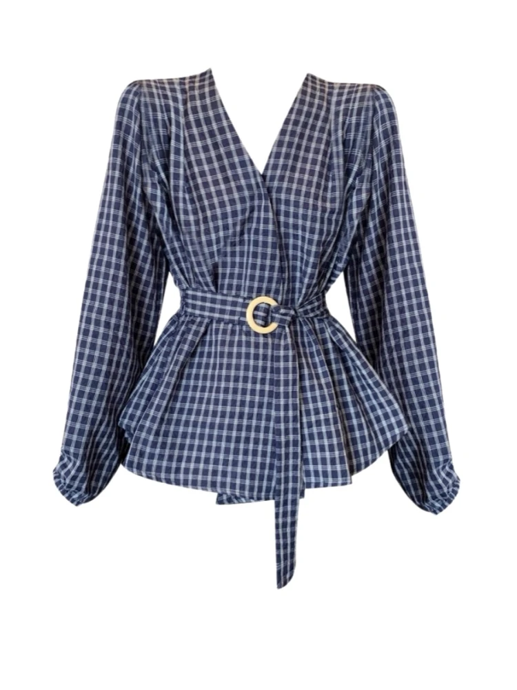 Amy家 微胖mm设计感系带v领格子长袖衬衫秋季不规则收腰显瘦上衣