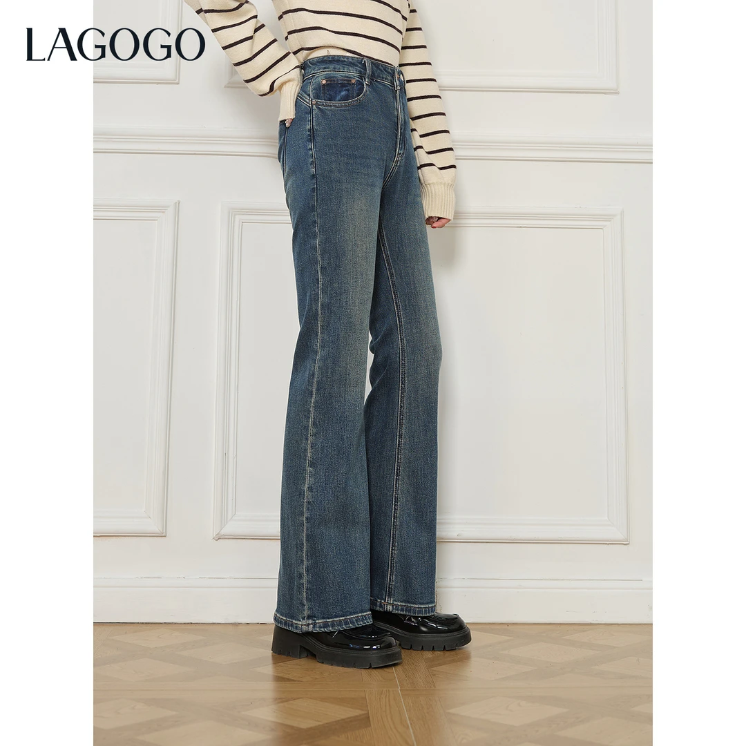 【lagogo】LAGOGO高弹微喇牛仔裤女拉谷谷高腰微喇裤OCNN53XG18
