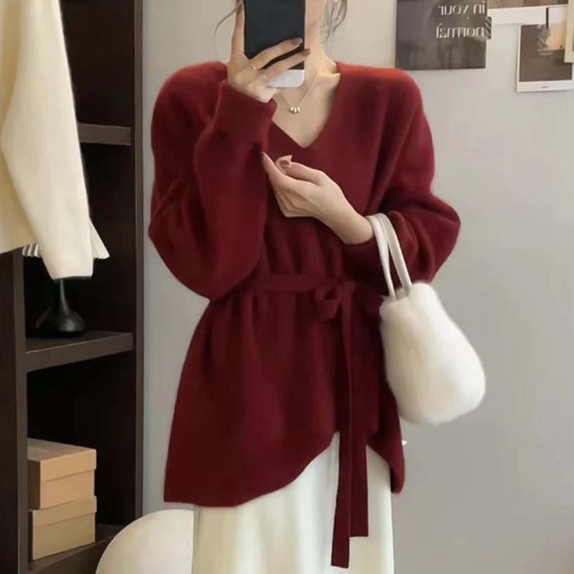 韩版气质槦懒风不规则系带V领毛衣打底针织衫秋冬上衣显瘦外搭女
