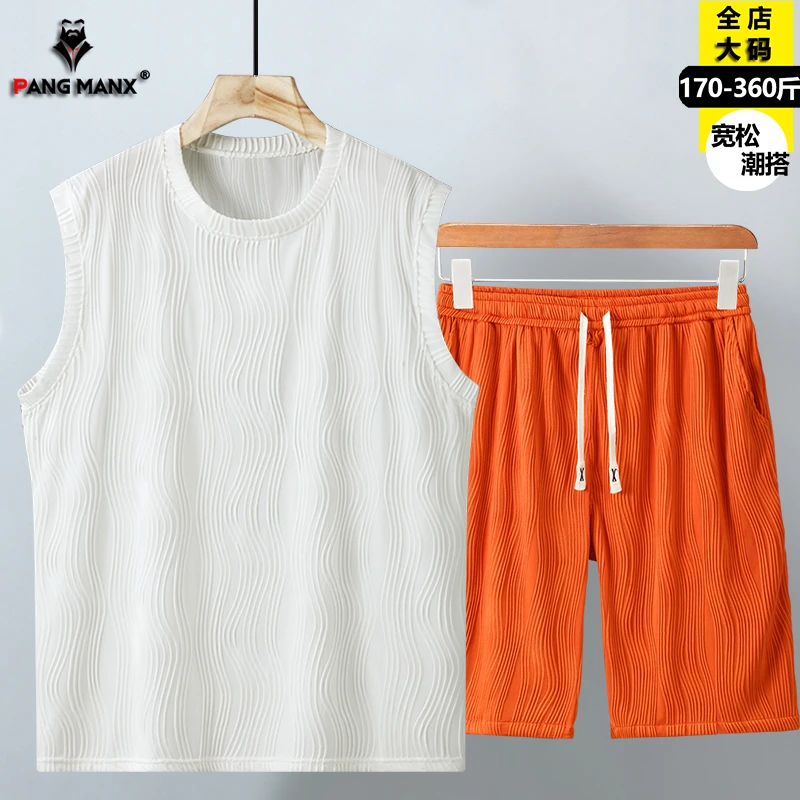 加肥加大背心冰丝套装男夏季无袖短裤胖子搭配大码运动健身两件套