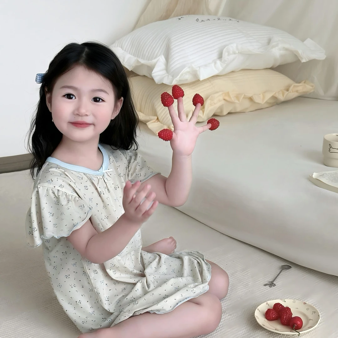 华稚25年夏季新款儿童天丝凉感碎花韩系花边女童睡裙