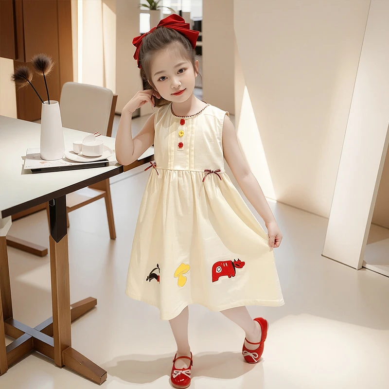 女童夏季新款纯色薄款连衣裙小童女宝宝洋气时髦背心裙甜美棉布裙