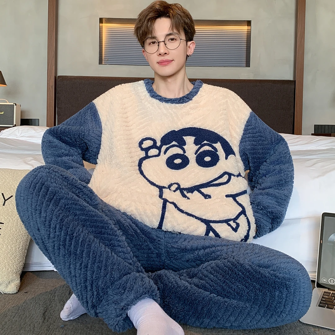 男士睡衣秋冬款冬季珊瑚绒加厚加绒法兰绒卡通家居服保暖冬天套装