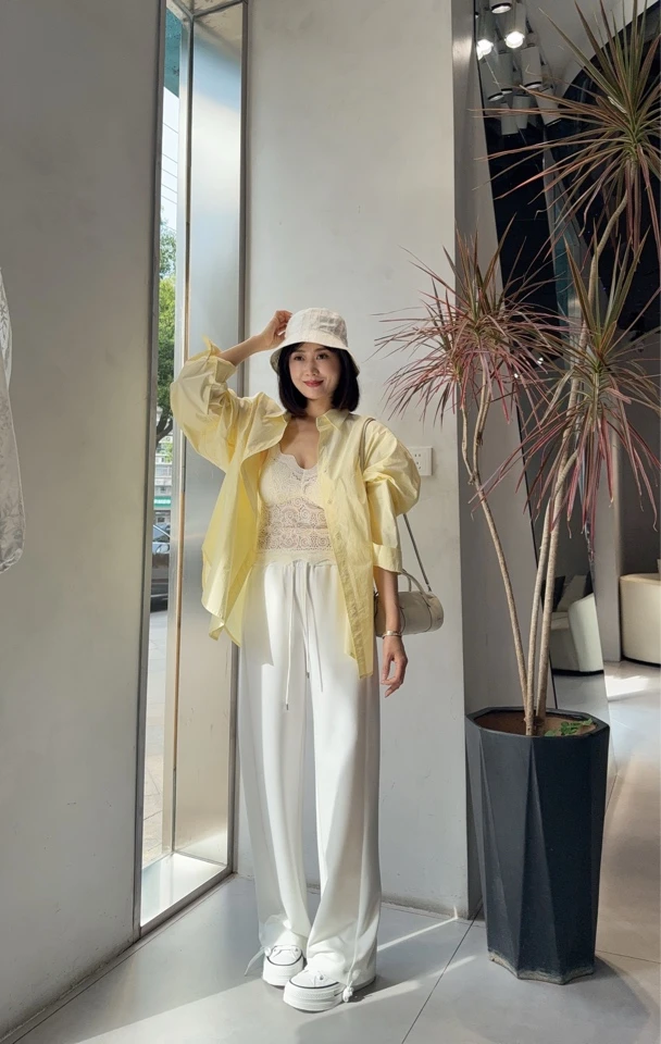 显瘦款亚麻抖垂空气裤