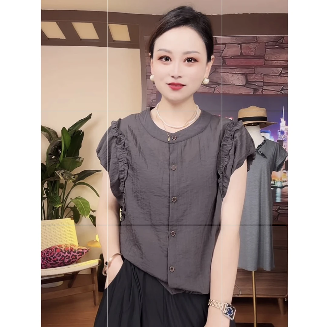 2025款夏季新品时尚百搭宽松显瘦法式设计感女士短袖上衣5018
