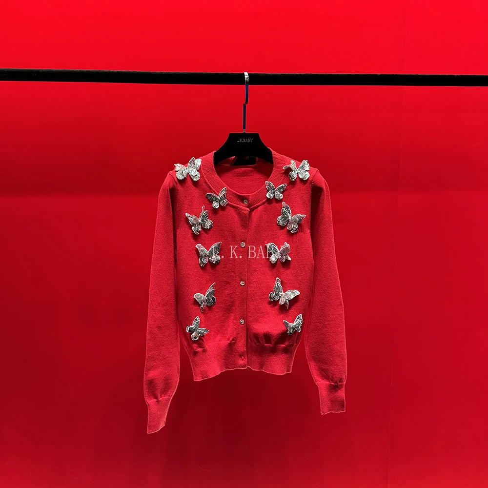 【L.K.BABY】迎春翩翩 时尚氛围感新年红亮片蝴蝶镂空针织开衫