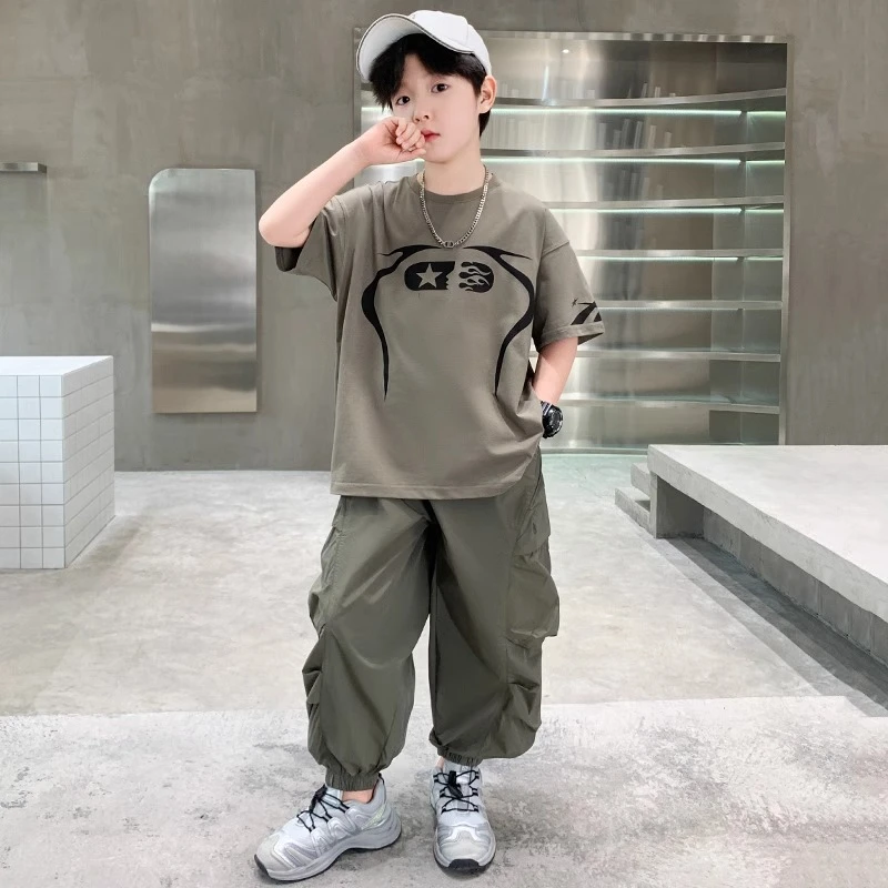 MK&UR.BV男童夏装套装2025新款夏季两件套短袖长裤痞帅潮酷男孩