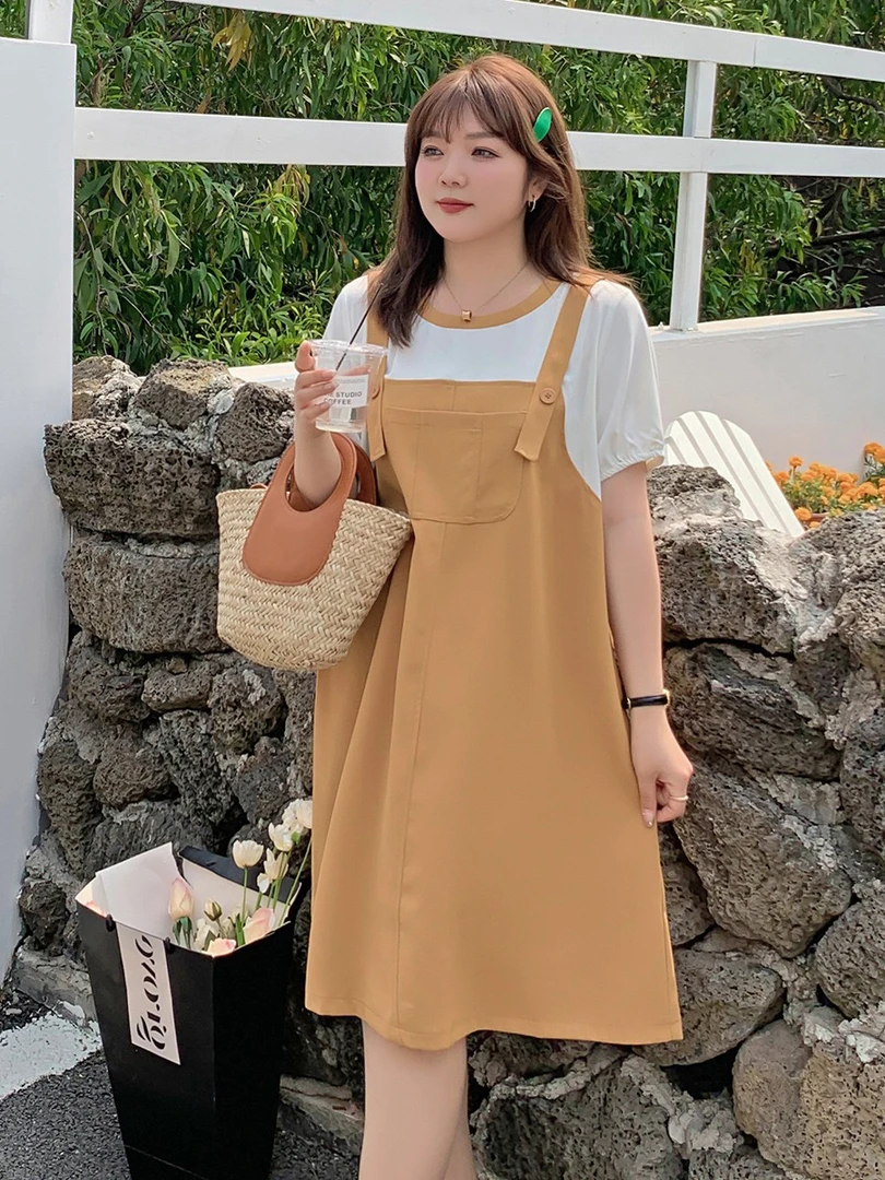 大码240斤孕妇装夏装胖孕妇学院风休闲撞色遮肉假两件背带连衣裙