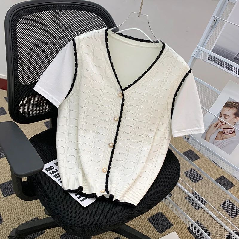 春夏新款拼色V领针织衫短袖T恤时尚百搭显瘦上衣女
