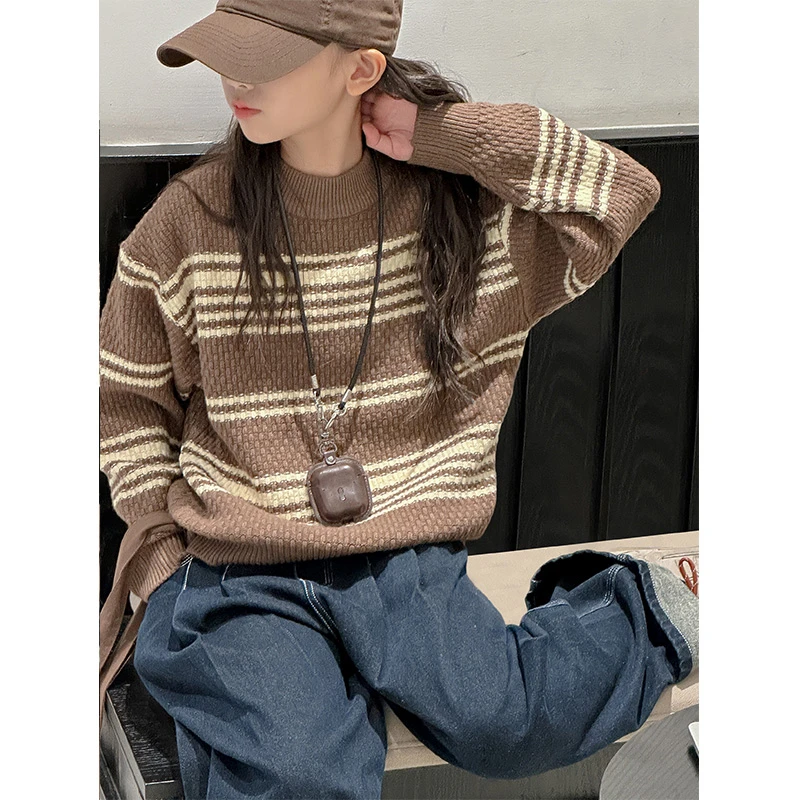 K27510孙小美半高领女童毛衣针织衫2025秋冬装新款条纹内搭潮