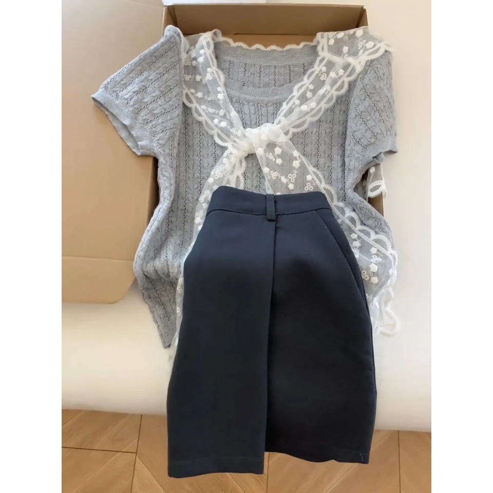 灰色韩版气质蕾丝披肩短袖针织衫2025新款夏季设计感休闲百搭上衣