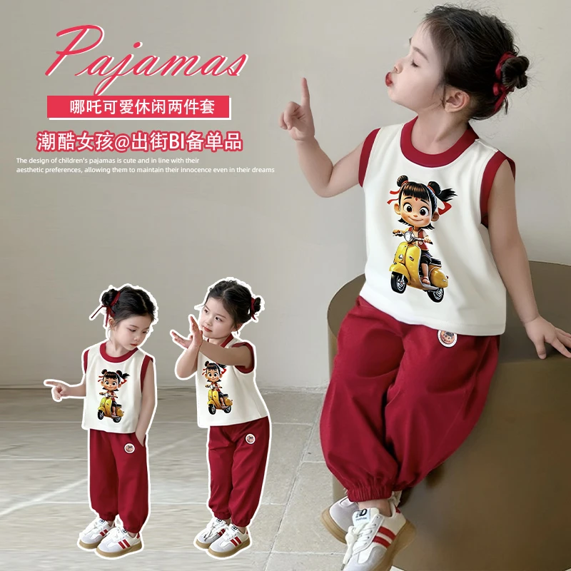 新款夏季哪吒儿童服装女童短袖时髦套装夏装小女孩哪吒衣服两件套