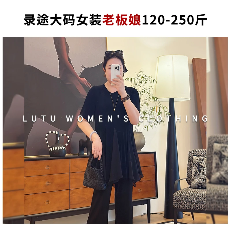 【2025年】夏季韩国进口弹力醋酸针织拼接雪纺上衣胖MM120-1250斤