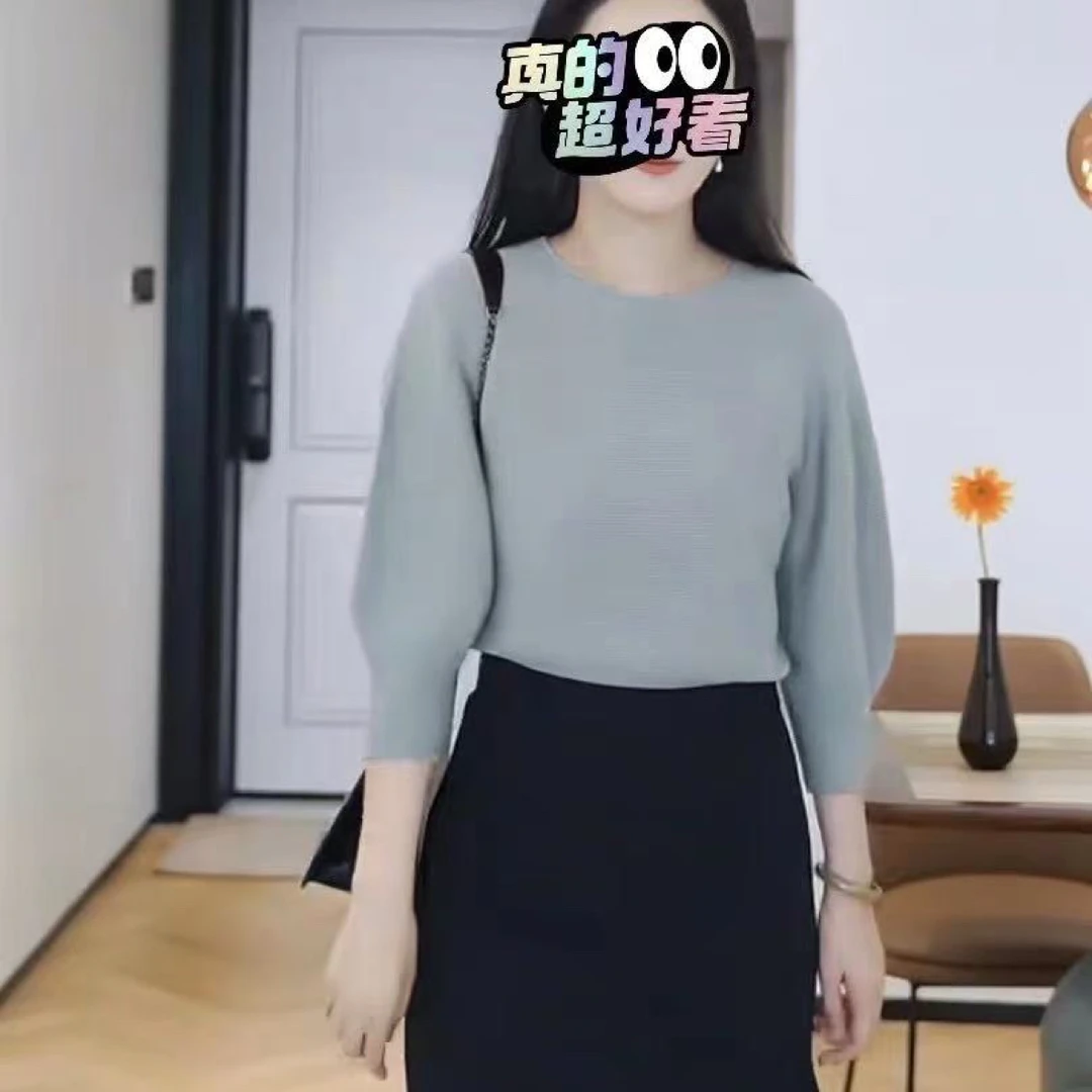 素素外贸《U家纯原剪标圆领针织衫七分袖》套头针织衫宽松显瘦套头