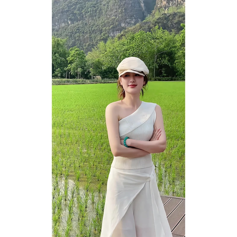 千金清冷感贵系衣服夏季法式气质斜肩修身无袖上衣高腰显瘦阔腿裤