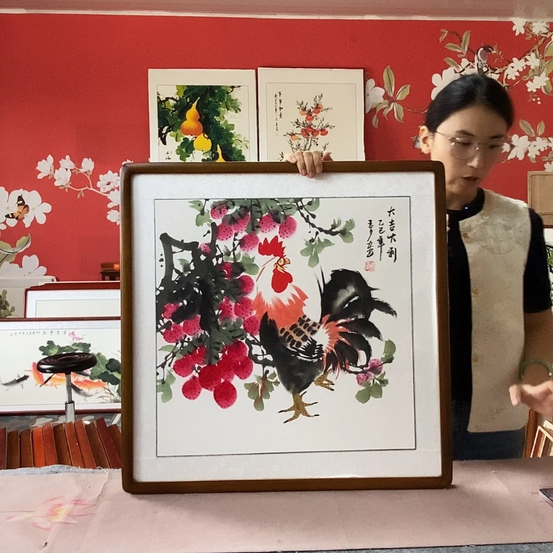国画手写手绘国画作品带框包邮62✖️62