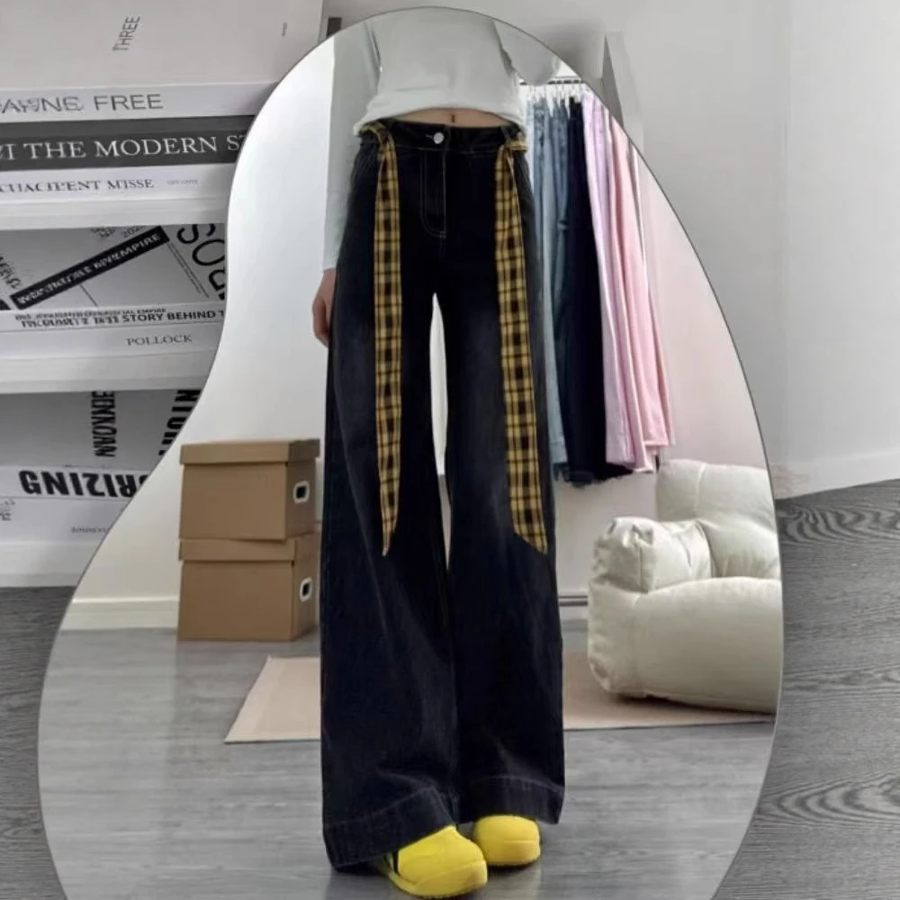 美式复古高街格子绑带牛仔裤女夏季小众设计感高腰宽松阔腿直筒裤