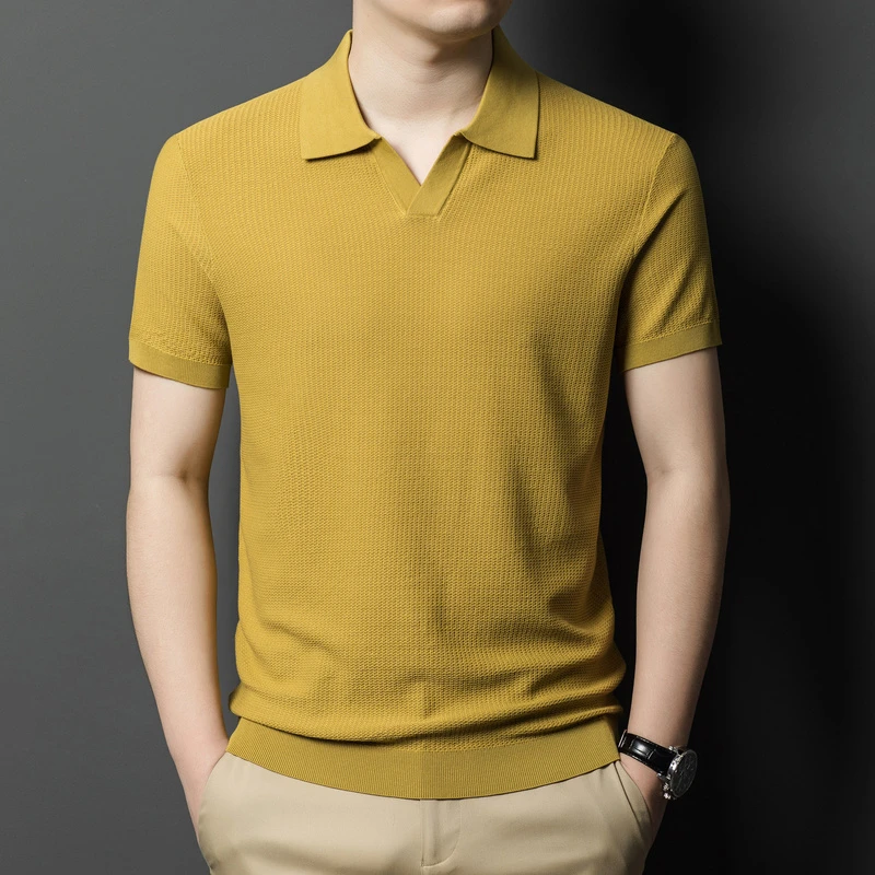 男士桑蚕丝薄款针织短袖t恤夏季翻领休闲纯色真丝v领Polo衫半袖潮