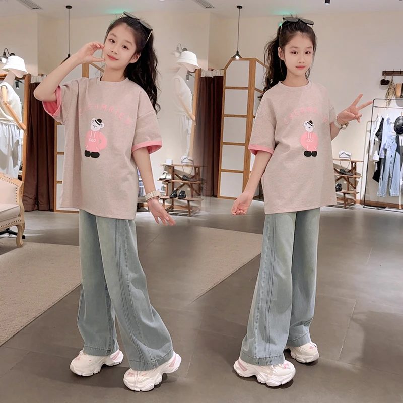 女童洋气短袖夏季2025新款儿童上衣夏侧边打褶牛仔裤大童女孩童装