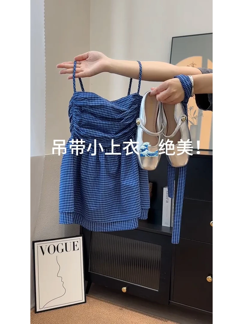 韩系chic蓝色格子吊带背心女2025夏季新款设计感短款无袖抹胸上衣